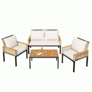 Merax salon de jardin 4 pièces, ensemble lounge extérieur avec canapé 2 places, 2 fauteuils et table, rotin, beige - beige métal N634P239502A