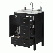 Merax Lavabo sur pied avec vasque en céramique intégrée, meuble de salle de bain avec 3+1 tiroirs, étagères réglables, noir - noir multi-matéri Merax Lavabo sur pied avec vasque en céramique intégrée, meuble de salle de bain avec 3+1 tiroirs, étagères réglables, noir - noir multi-matéri