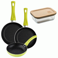 BERGNER - Ensemble de 3 poêles Ø20/Ø24/Ø28 cm en aluminium embouti Molen Vert avec récipient hermétique de 650 ml en verre borosilicate NATURALL