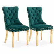 Merax Ensemble de 2 chaises rembourrées , chaise de salle à manger en velours, velours vert + pieds en métal doré, avec surpiqûres de boutons et