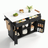 Merax Îlot de cuisine sur roulettes 120x45 cm, desserte avec plateau rabattable, rangements, porte-épices, porte-serviettes, 2 tiroirs, noir - noir