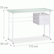 Bureau moderne avec plaque de verre tiroir latéral pour chambre d’ado 110 cm blanc 13_0000560