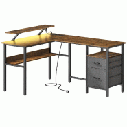 Helloshop26 - Bureau en l avec multiprise bureau d'angle bureau informatique avec rehausseur d'écran bureau gaming led 2 tiroirs 2 12_0004626 - acier