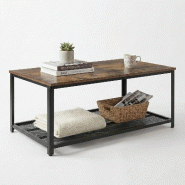 IvoQ Table Basse Industrielle Rectangulaire - Aspect Bois Vintage & Acier - 2 Niveaux - Avec Étagère en Maille - Table de Salon Industrielle - Robus