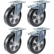 Roulette 200mm 8" en caoutchouc noir, pivotante et avec frein, forte capacité de 1400kg, jeu de 4 Roulette 200mm 8" en caoutchouc noir, pivotante et avec frein, forte capacité de 1400kg, jeu de 4