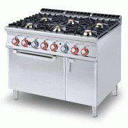 Centre de cuisson à gaz à 6 feux avec four statique GN2/1 et flamme pilote. Structure en acier inoxydable. Dimensions 120x90 h90 cm. Modèle CF6-912