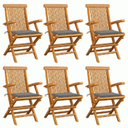 VidaXL Chaises De Jardin Avec Coussins Gris Lot De 6 Bois Teck Massif - gris 3062542