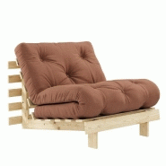 FAUTEUIL CONVERTIBLE FUTON ROOTS PIN NATUREL COLORIS BRUN ARGILE COUCHAGE 90 X 200 CM.