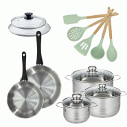 Lot de Poêles 20/24 cm avec couvercles et 3 Faitouts 16/20/24 cm Fackelmann Généva avec 5 ustensiles Océan - 3176239920246