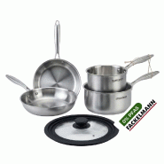 Batterie de cuisine avec 2 poêles 20/28 cm et 2 casseroles 14/18 cm avec 1 couvercle de cuisson universel sans PFAS Fackelmann Vita3 - gris Acier ino