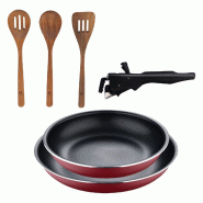BERGNER - Ensemble de 2 poêles Ø22/26 cm en aluminium pressé rouge avec manche amovible et ensemble de 3 pièces d'ustensiles de cuisine en acacia