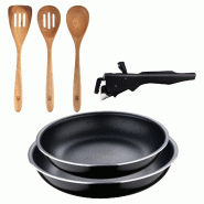 BERGNER - Ensemble de 2 poêles Ø22/26 cm en aluminium embouti avec poignée amovible et ensemble de 3 ustensiles de cuisine en acacia - PK9570