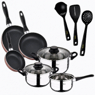 San Ignacio - Batterie de Cuisine Toledo 5 pièces en Acier Inoxydable avec 3 Poêles Navy Paradise Ø16/20/24 cm et Set de 3 Ustensiles de Cuisine -