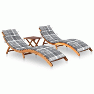 Helloshop26 - Lot de 2 transats chaise longue bain de soleil lit de jardin terrasse meuble d'extérieur avec table et coussins acacia 02_0012107 - mul