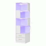 Merax Étagère d'angle 45 x 45 x 165 cm, étagère sur pied blanche avec éclairage LED, 4 niveaux, 2 tiroirs et capacité de charge de 40 kg - blanc