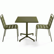 Oviala Business Ensemble table 70 cm et 2 chaises de jardin en métal vert kaki - vert acier 114662