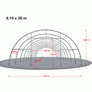 Tunnel de stockage / fermé / structure en acier / couverture en pvc / porte / fenêtre / pignon / 26 x 9.15 x 4.5 m