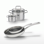 Lot Poêles 28cm & 24cm Elo Relief Evolution et Faitouts 12cm & 20cm - gris inox 3176239957020