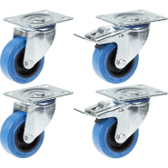 Roulette 80mm 3" en caoutchouc bleu, pivotante et avec frein, forte capacité de 560kg, jeu de 4 Roulette 80mm 3" en caoutchouc bleu, pivotante et avec frein, forte capacité de 560kg, jeu de 4
