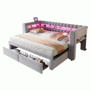 Merax canapé-lit rembourré LED 90/180x190 cm, USB-C, 2 tiroirs, banquette à côté haut droit, rangements, velours gris clair - gris multi-matéria