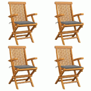 VidaXL Chaises De Jardin Et Coussins Gris Lot De 4 Bois De Teck Massif - gris 3065618