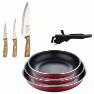 BERGNER - Jeu de 3 Poêles Ø18/20/24cm Aluminium Pressé Rouge avec Manche Amovible avec Set de 3 Couteaux en Acier Inoxydable - PK9803
