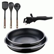 BERGNER - Ensemble de 2 poêles Ø22/26 cm en aluminium embouti avec poignée amovible et ensemble de 3 ustensiles de cuisine en PBT noir et cuivre -
