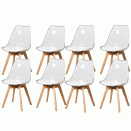 8 Chaises Tulipes Salle à Manger Scandinaves Bm Home Salle de Bureau, Pieds Bois de Hêtre Massif, Transparente, Assise Blanche - transparent plastiq