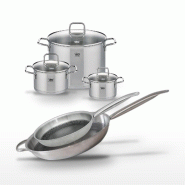 Batterie de cuisine 2 poêles 28/32 cm et 3 faitouts 16/20/26 cm en inox Elo Collection Relief Solution Citrin - gris 3176239940213_0
