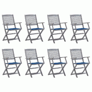 VidaXL Chaises Pliables D Extérieur Lot De 8 Et Coussins Bois D Acacia - gris 3078272