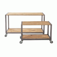 Tables gigognes Westside - bois et métal 119x39x75 + 79x29x60cm - par 2 - style industriel - roulettes - charge maximale 182kg