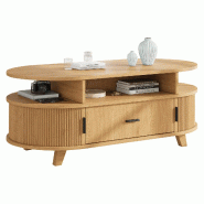 Merax Table basse ovale 100 x 50 x 40 cm avec 1 tiroir, 2 volets roulants et compartiments ouverts, coloris bois naturel - Bois manufacturé N625P5245