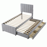 Merax Lit rembourré 90 x 200 cm avec lit gigogne et tiroirs de rangement, revêtement en lin doux pour la peau, lit simple plat, lit d'appoint gris -