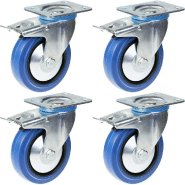 Roulette 125mm 5" pivotante en caoutchouc bleu avec frein, forte capacité de 800kg, jeu de 4 Roulette 125mm 5" pivotante en caoutchouc bleu avec frein, forte capacité de 800kg, jeu de 4