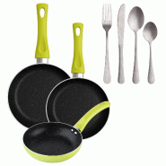 BERGNER - Ensemble de 3 poêles Ø20/Ø24/Ø28 cm en aluminium embouti Molen Vert avec ensemble de 16 couverts en acier inoxydable - aluminium PK9384