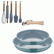 BERGNER - Ensemble de 2 poêles Ø22/26cm aluminium embouti vert compatible induction avec poignée amovible et 5 ustensiles en silicone et bois d’a