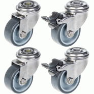 Roulette 50mm 2" en acier inoxydable, caoutchouc gris, pivotante et avec frein, 160kg, jeu de 4 Roulette 50mm 2" en acier inoxydable, caoutchouc gris, pivotante et avec frein, 160kg, jeu de 4