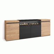 SKRAUT HOME Buffet salon et cuisine, 200x75x35cm, 4 Portes, Cheminée électrique, Chêne et noir - beige Bois manufacturé 62_11