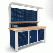 Établi d'atelier industriel 2000 mm PRACO W T57 - Plateau en hêtre massif - Éclairage LED - Tiroirs et armoire MW Tools PRAW2000T57