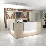 Banque d'accueil d'angle Delta avec 2 réhausses - 244, Blanc mat, Gauche, Acacia clair, Oui_0