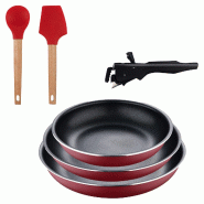 BERGNER - Ensemble de 3 poêles Ø18/20/24 cm en aluminium embouti rouge avec poignée amovible et ensemble de 2 ustensiles de cuisine EXCALIBUR - PK9813
