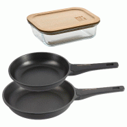 BERGNER - Ensemble de 2 poêles Ø24//28cm en aluminium moulé avec manche en bakélite avec Boîte hermétique de 650 ml en verre borosilicate NATURA