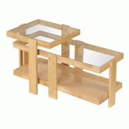 COSTWAY Lot 2 Tables, PE-Rotin, Verre Trempé, Bois d'Hévéa, Rectangulaires 2 Niveaux - marron Bois manufacturé VH35878ZM