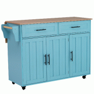 Merax Chariot de cuisine 129x46-71x91.5 cm, îlot mobile avec plan rabattable, 3 portes et 2 tiroirs, roulettes/pieds bois, bleu - bleu Bois manufactu