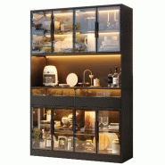 Merax Vitrine LED 120 x 40 x 180 cm, bar à café, plan de travail, 8 portes vitrées et 2 tiroirs, noir - noir multi-matériau N880P51532789B
