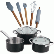 BERGNER - Batterie de cuisine 5 pièces 16/18/20cm acier inoxydable compatible induction avec ensemble de 5 ustensiles de cuisine en silicone et bois
