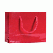 Sac Luxe pelliculé rouge 14x6x11cm - par 12 - format paysage avec poignées cordelières