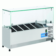 Vitrine réfrigérée pour condiments en acier inoxydable pour 5 plateaux GN1/4. Dimensions 120x33.5x44h cm. Température +2°C/+8°C. Tête froide VR