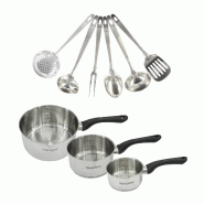 Set 3 casseroles 12 16 et 20 cm en inox et 6 ustensiles inox Fackelmann Geneva - gris inox 3176239944600