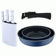 BERGNER - Ensemble de 2 poêles Ø22/26 cm en aluminium moulé bleu avec poignée amovible et ensemble de 3 couteaux avec bloc en acier inoxydable - P